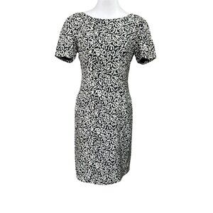 Liz Claiborne Silk Black White Floral Polka Dot Pencil Dress Bow Sz 4